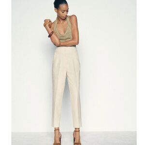 Zara Women's Rustic High-Waisted Linen Blend Pants Cream Colored Size Large